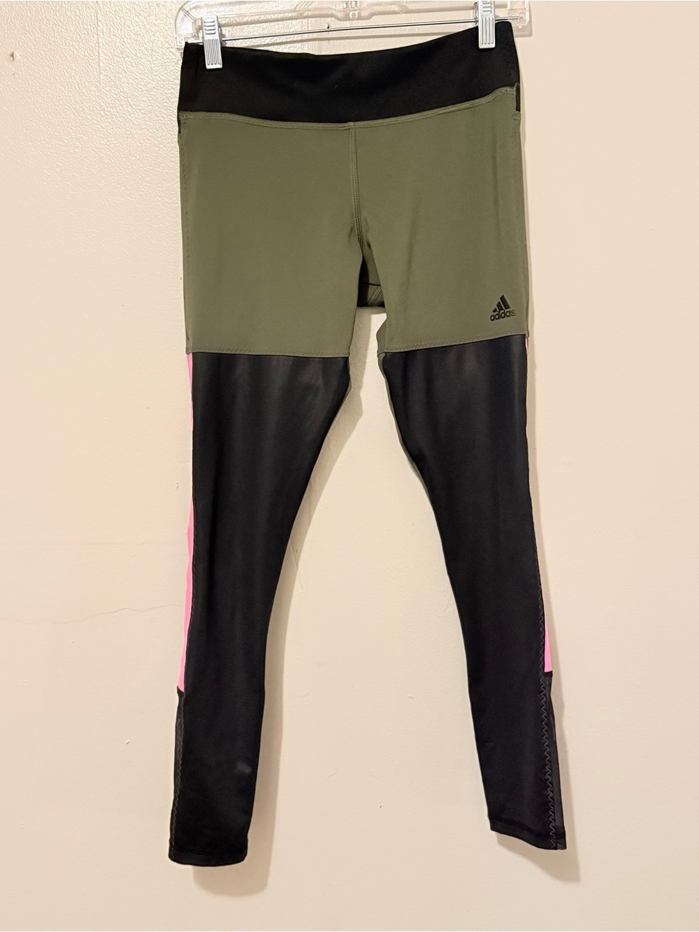 Adidas Womens Olive Green and Black Leggings with Pink Trim